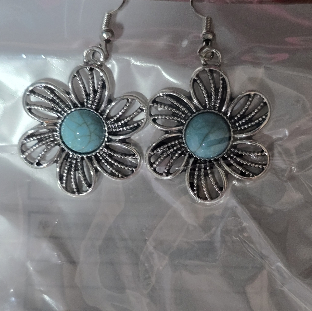 Silver Floral Earrings with Turquoise Accents
